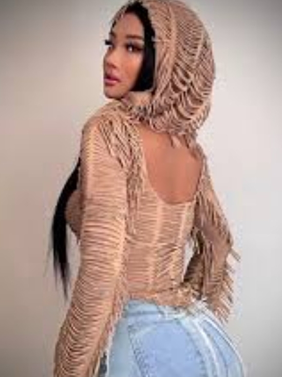 Micas Tops - Women's Beige Hooded Fringe Knit Hoodie